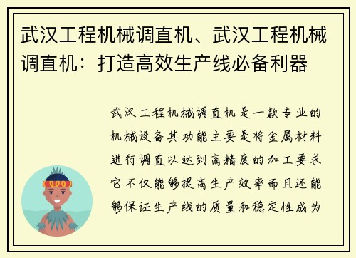 武汉工程机械调直机、武汉工程机械调直机：打造高效生产线必备利器